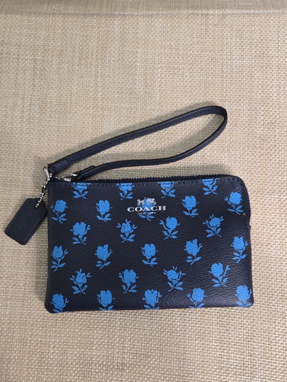 Coach Dark Blue Wristlet with Blue Rose Motif NWOT